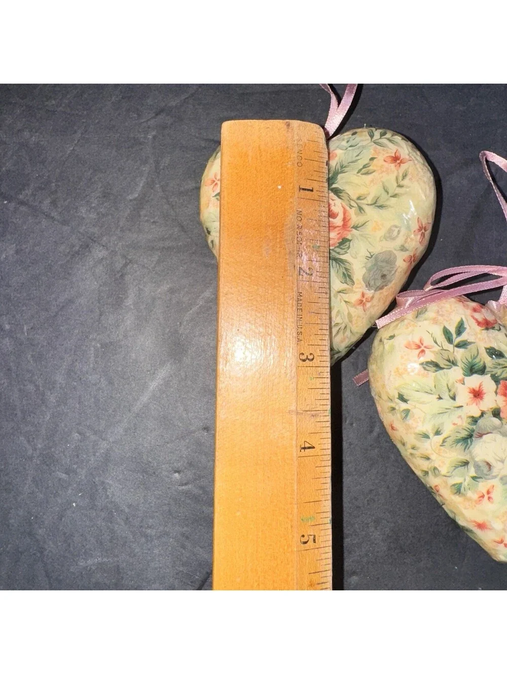 Shabby Chic Floral Heart Ornaments Set of 2 Rose Decoupage Style 4” Pink Ribbon